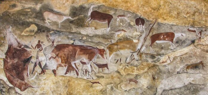 san cave ceiling paintings Detail of the ceiling paintings of the San people in the Drakensberg, South Africa. Courtesy © Stephen Townley Bassett