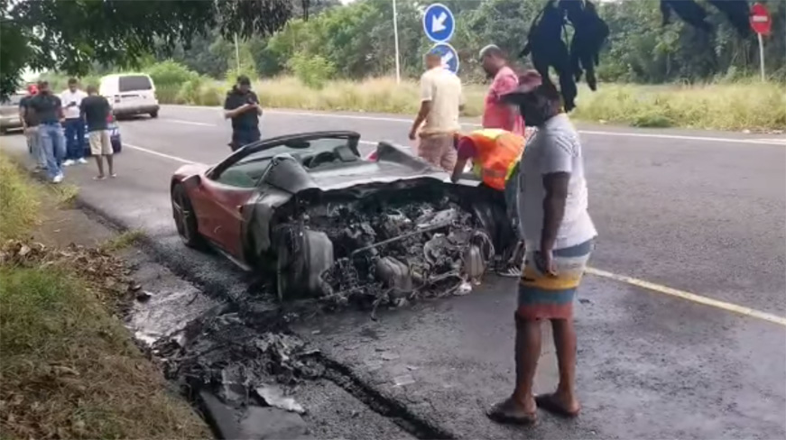 The aftermath. Half the Ferrari appears to have been destroyed after flames engulfed it. Photo: FB Screenshot