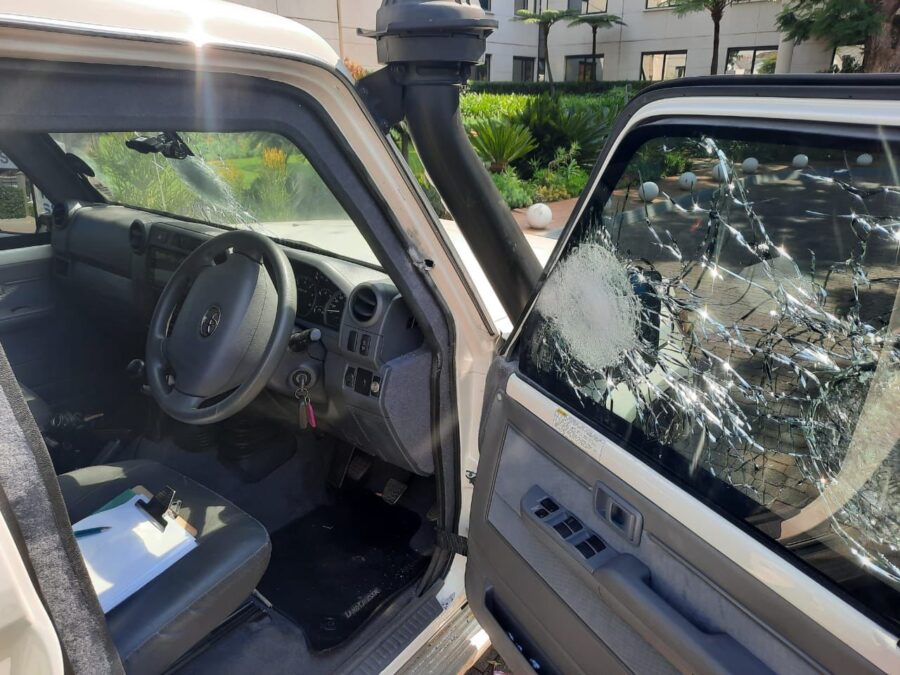 The shattered bullet proof glass of the Toyota Landc Cruiser security station wagon that saved life of hero driver Leo Prinsloo