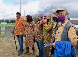 Professor Leslie London, seen here at the front of a group of civic and traditional leaders opposing the River Club development, was attacked in an email apparently sent by the First Nations Collective. Photo: Steve Kretzmann