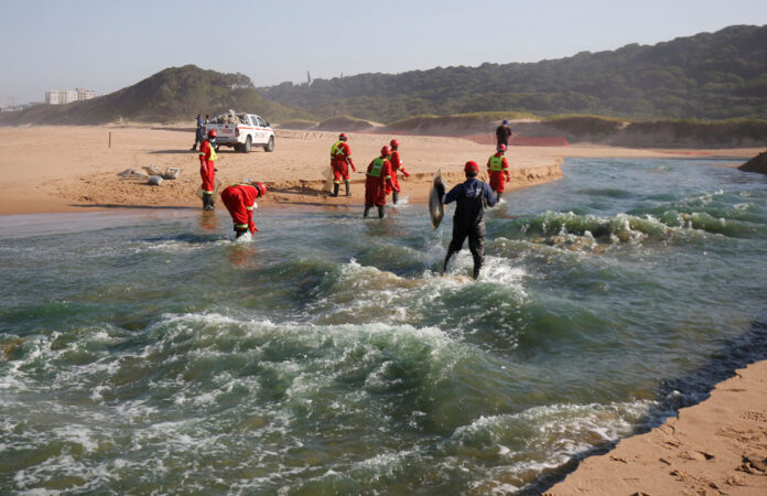 FILE PHOTO: Members of a hazardous waste cleanup crew collect dead fish, in Durban