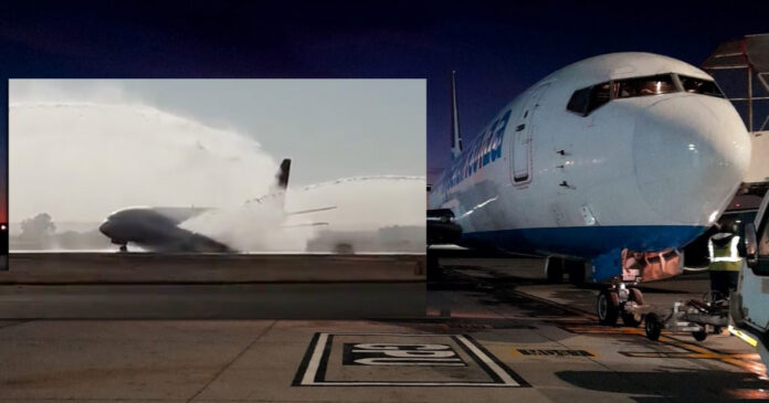 Fly-Safair-first-flight-Bloemfontein-from-Cape-Town-th Water salute Bram Fischer Airport Safair
