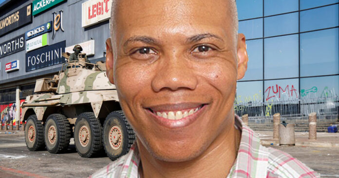 free-state-professor-historic-context-sa-protests-violence Historic Context of the Current Riots and Violence. Photo: Prof Petrus (provided) and military tank in front of shopping centre on July 16, 2021. REUTERS/Rogan Ward