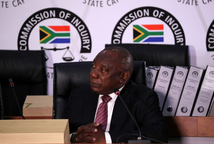 South African President Cyril Ramaphosa appears to testify before the Zondo Commission of Inquiry into State Capture in Johannesburg Zondo Ramaphosa corruption Zuma Remain