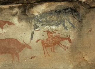 Painting of a raider on horseback (bottom right) with a musket and domestic stock. A ‘rain-animal’ (top right) was likely summoned to wash away the raiders’ tracks. Courtesy of Sam Challis and Brent Sinclair-Thomson
