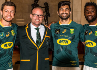 Handre Pollard, Jacques Nienaber, Damian de Allende and Siya Kolisi.