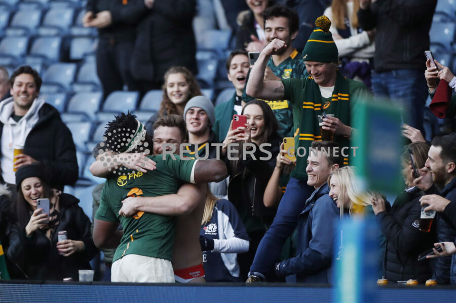 South Africa's Siya Kolisi celebrates with fans after the match Action Images via Reuters/Lee Smith