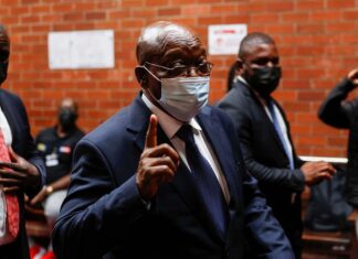 Former South African President Jacob Zuma speaks with members of the media before appearing at the High Court in Pietermaritzburg