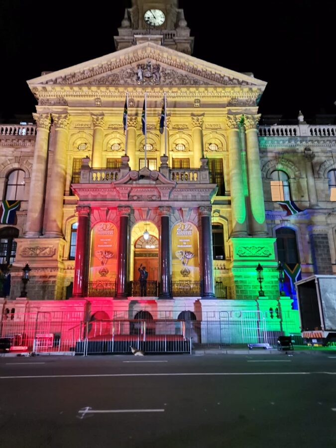 Lighting of the colours of the SA flag last night on the building of the seat of Parliament at the Cape Town City Hall. Photo: Parliament of RSA