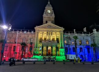 Lighting of the colours of the SA flag last night on the building of the seat of Parliament at the Cape Town City Hall. Photo: Parliament of RSA
