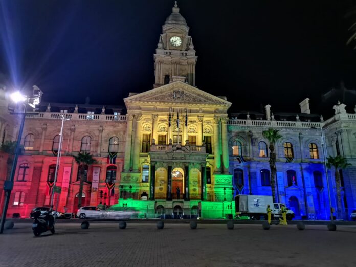 Parliament Lit Up Cape Town City Hall Lighting of the colours of the SA flag last night on the building of the seat of Parliament at the Cape Town City Hall. Photo: Parliament of RSA