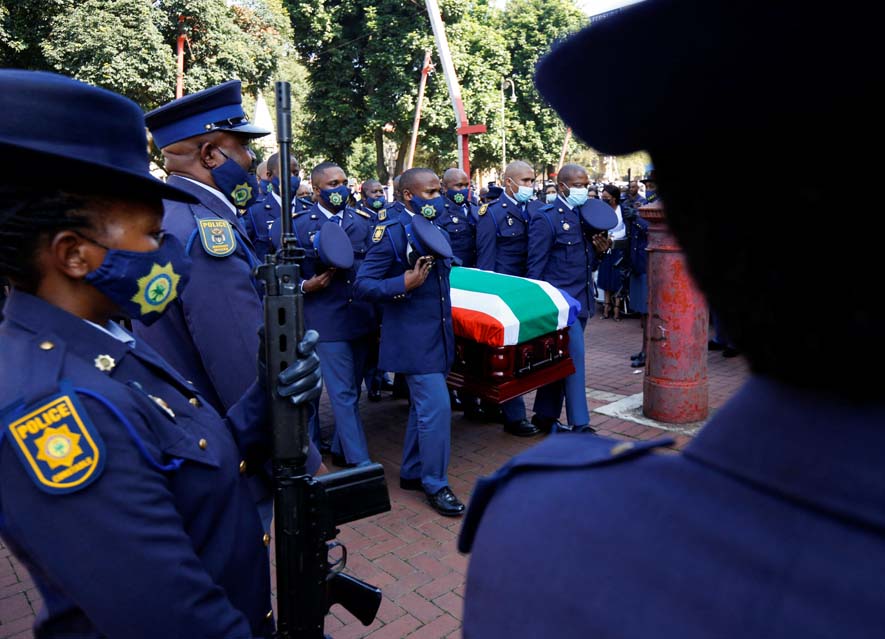 The body of police diver Sergeant Busisiwe Mjwara who died while searching for flood victims, arrives at her official funeral in Pietermaritzburg
