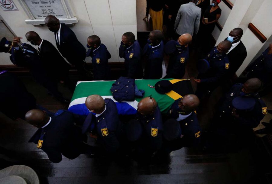 The body of police diver Sergeant Busisiwe Mjwara who died while searching for flood victims, arrives at her official funeral in Pietermaritzburg