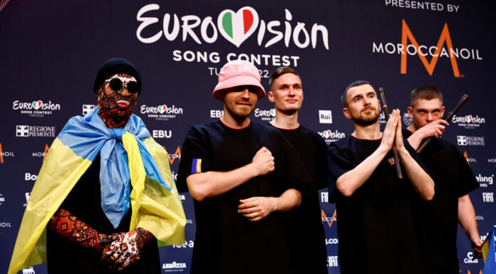 Kalush Orchestra from Ukraine pose for photographers after winning the 2022 Eurovision Song Contest Ukraine Wins Eurovision