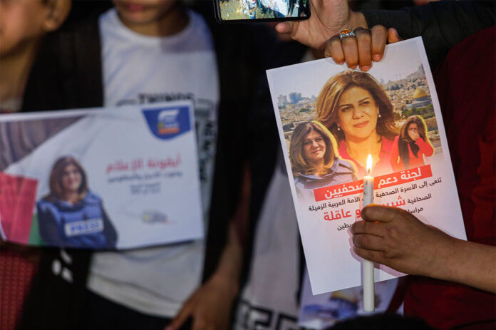 Protest against the killing of Al-Jazeera Journalist Abu Akleh in Gaza, Palestine - 11 May 2022 Protest against the killing of Al-Jazeera Journalist Abu Akleh in Gaza, Palestine - 11 May 2022
