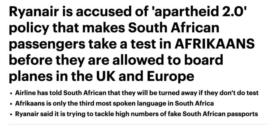 Daily Mail reports on Ryanair's Afrikaans test for South Africans