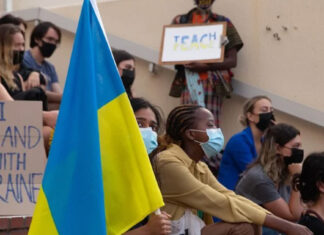 Stellenbosch University students protest, in March, against the Russian invasion of Ukraine. Photo: Liezl Human