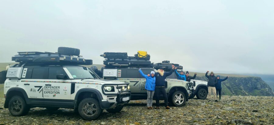 A jubilant Kingsley Holgate expedition team on arrival at Nordkapp, the geographic end-point of the first 'Hot Cape to Cold Cape' transcontinental journey in recent years. 