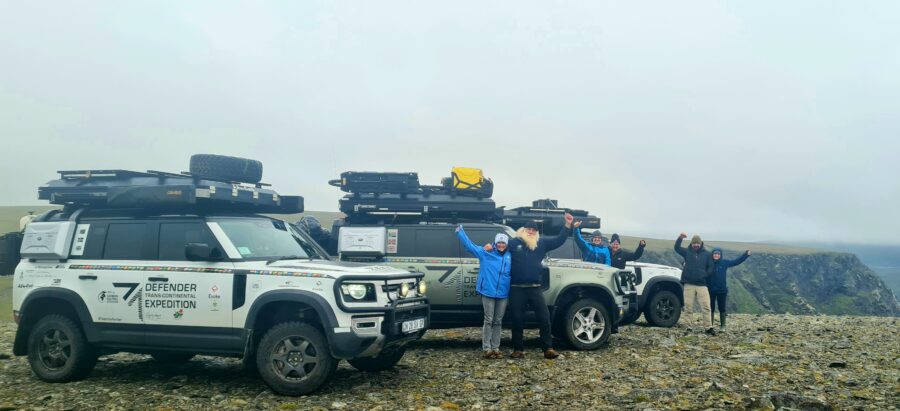 A jubilant Kingsley Holgate expedition team on arrival at Nordkapp, the geographic end-point of the first 'Hot Cape to Cold Cape' transcontinental journey in recent years.