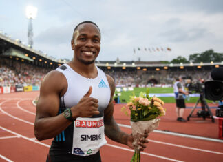 Akani Simbine of South Africa celebrates after winning men’s 100 meter during the athletics gala Bauhaus-galan, Diamond League Stockholm, on June 30, 2022 in Stockholm. Photo: Fredrik Karlsson / BILDBYRÅN