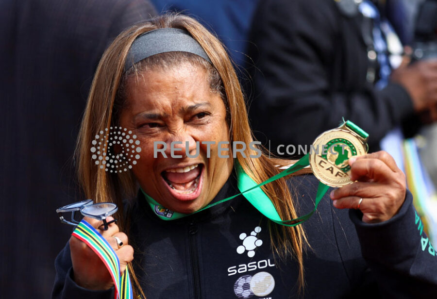 South African women's soccer team celebrate win with President Ramaphosa following historic win