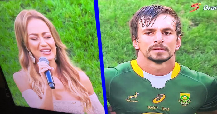 Eben-Etzebeth-fiancee-sings-anthem-rugby WATCH Eben Etzebeth's Future Wife Sings SA's National Anthem for His 100th Test