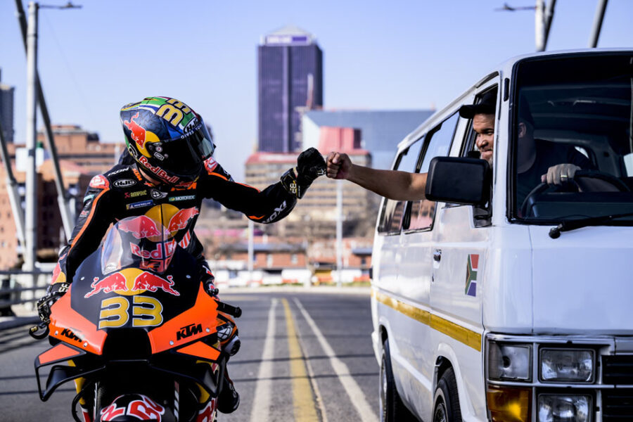 Brad Binder is seen during the filming of Superlap in Johannesburg, South Africa with Jason Goliath