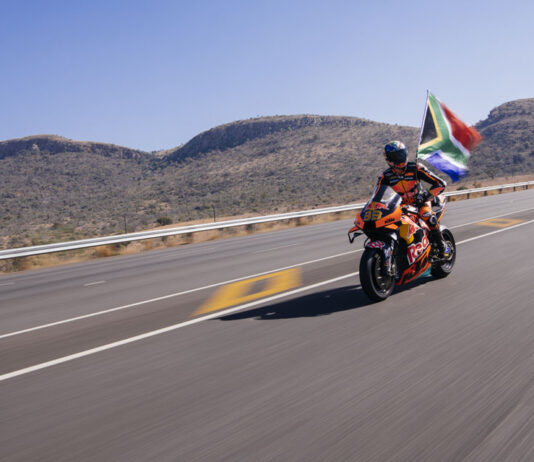 Brad Binder is seen during the filming of Superlap in Johannesburg, South Africa
