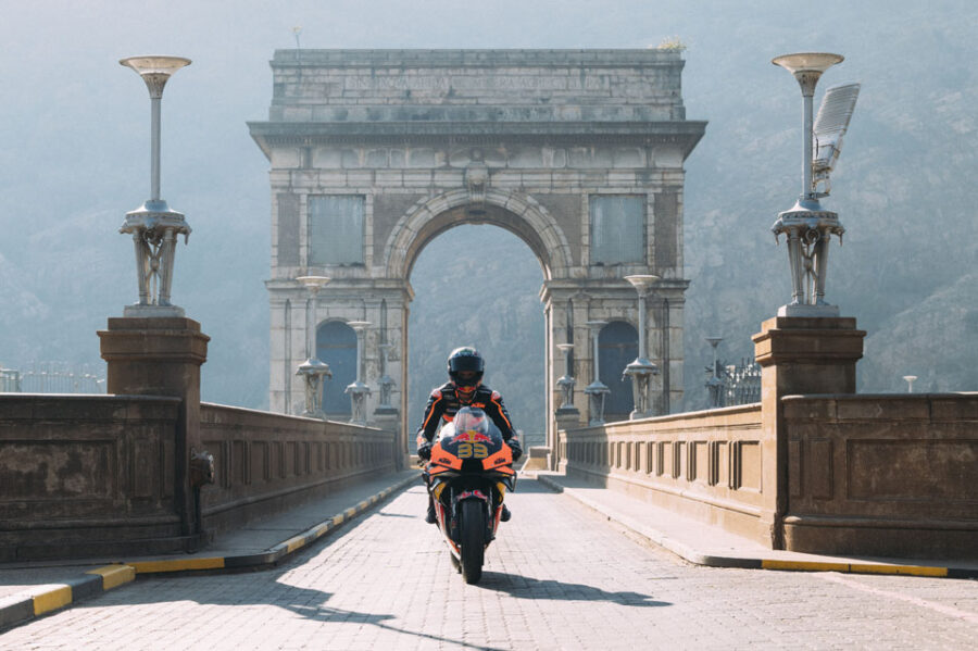 Brad Binder is seen during the filming of Superlap in Johannesburg, South Africa