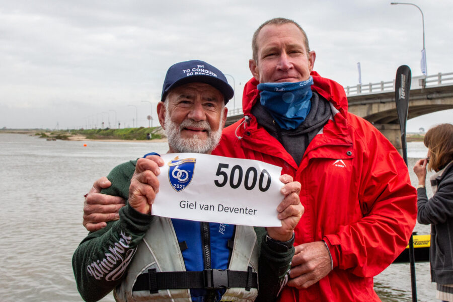 Giel van Deventer, left, with Rob Hart, president of the Western Cape Canoe Union, after completing his 50th Berg River Canoe Marathon in 2021. Photo: John Hishin/ Gameplan Media