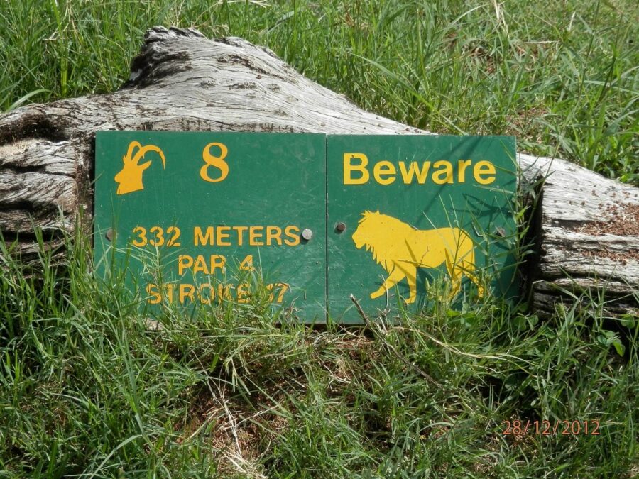 A sign warning golfers to be on the lookout for lions at the 8thhole at Skukuza Golf Club: PHOTO CREDIT: Skukuza Golf Club