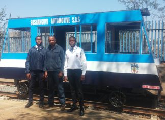 Learner Mpho Bongwe, mentor Kgomotso Maimane and learner Lethabo Nkadimeng (from left to right) of the Soshanguve Technical School of Specialisation show off their newly built solar train. Photos: Chris Gilili
