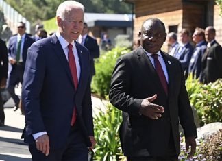 American president Joe Biden, left, with his South African counterpart Cyril Ramaphosa at the 2021 G7 Summit in England. Leon Neal/Pool/AFP via Getty Images.