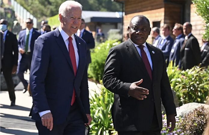American president Joe Biden, left, with his South African counterpart Cyril Ramaphosa at the 2021 G7 Summit in England. Leon Neal/Pool/AFP via Getty Images. American president Joe Biden, left, with his South African counterpart Cyril Ramaphosa at the 2021 G7 Summit in England. Leon Neal/Pool/AFP via Getty Images.