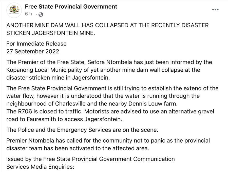 Free State Provincial Statement on Dam Wall