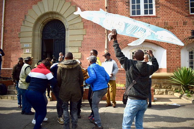 Shell Wild Coast judgement Supporters of the applicants, which included Sustaining the Wild Coast, local community members and Greenpeace, celebrate the outcome of the case outside the Eastern Cape High Court in Makhanda. Photo: Lucas Nowicki