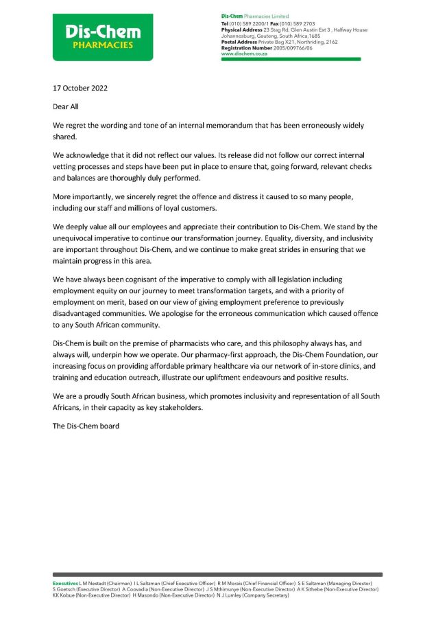 Dis-Chem leaked memo letter Apology