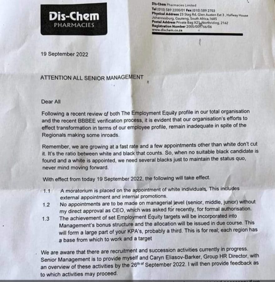 Dis-Chem leaked memo letter 