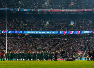 The Springboks and All Blacks before their 2015 RWC semi-final at Twickenham.