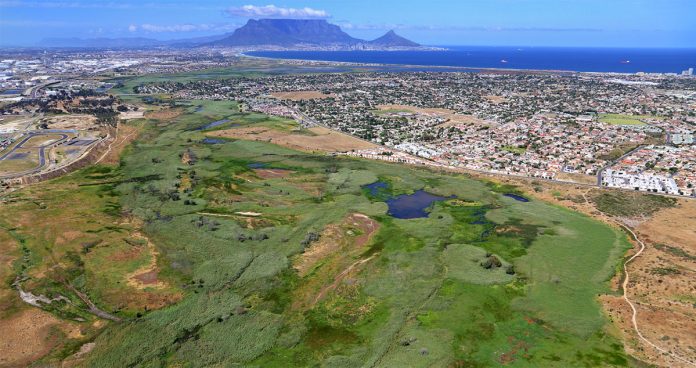 Aerial view of wetlands adjacent to Table View, Western Cape, South Africa Cape Town Accredited as SA’s 1st Ramsar Wetland City by UN
