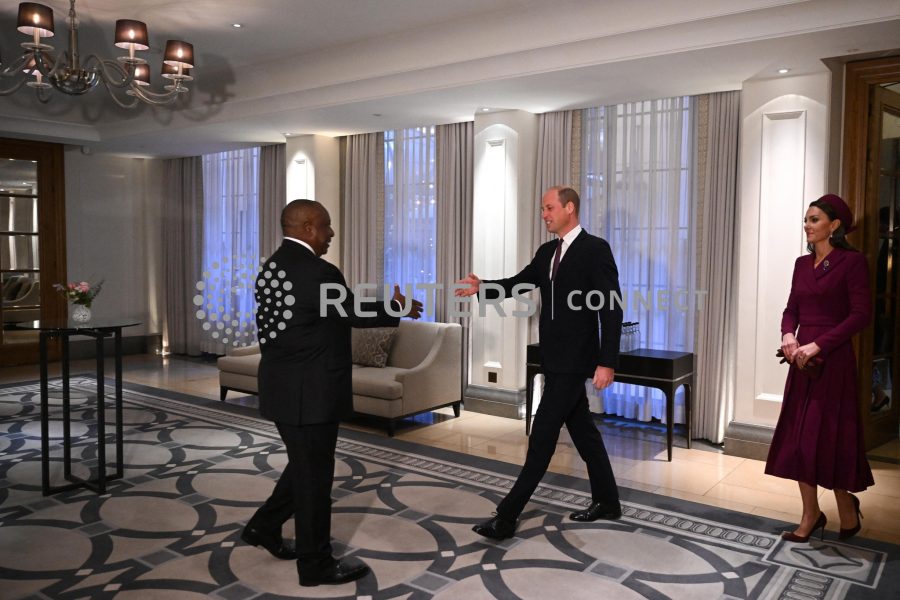 Britain's Prince William, Prince of Wales, and his wife Britain's Catherine, Princess of Wales, greeting South Africa's President Cyril Ramaphosa at the Corinthia Hotel in London this morning, at the start of the president's two-day state visit. Justin Tallis/Pool via REUTERS