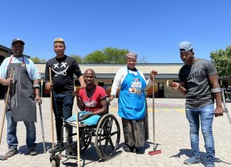 From left to right: John Beto, Sinoxolo Tofi, Baithuti Sasha, Else Beto and Thobani Ngenjani are among a group of disabled residents in Dunoon who are taking up the task to be cleaners at a local school for six months. Photo: Peter Luhanga