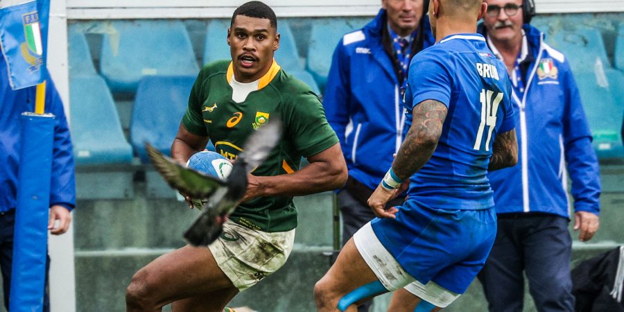 Damian Willemse goes over for the Boks' eighth try in Genoa.