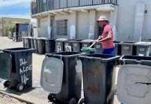 Siyanda Nohashe cleans municipal wheelie bins along Aloe Street in Dunoon. He supports himself and pays one permanent and one casual worker. Photo: Peter Luhanga