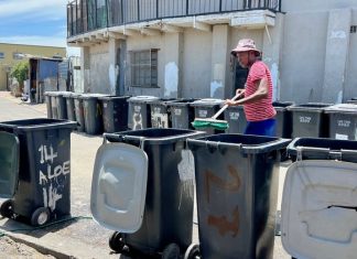 Siyanda Nohashe cleans municipal wheelie bins along Aloe Street in Dunoon. He supports himself and pays one permanent and one casual worker. Photo: Peter Luhanga
