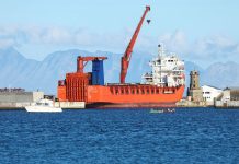 Russian roll-on/roll-off container carrier 'Lady R' docks at Simon's Town Naval Base in Cape Town