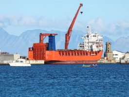 Russian roll-on/roll-off container carrier 'Lady R' docks at Simon's Town Naval Base in Cape Town