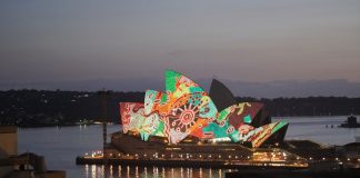 Sydney, New South Wales, Australia, January 26, 2022. The design was projected onto the sails at dawn on Australia Day 2022
