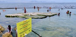 Visitors, including children, were swimming in Kalk Bay’s Dalebrook tidal pool on 11 January despite a warning sign posted by the City. Photo: Steve Kretzmann
