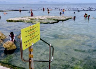Visitors, including children, were swimming in Kalk Bay’s Dalebrook tidal pool on 11 January despite a warning sign posted by the City. Photo: Steve Kretzmann